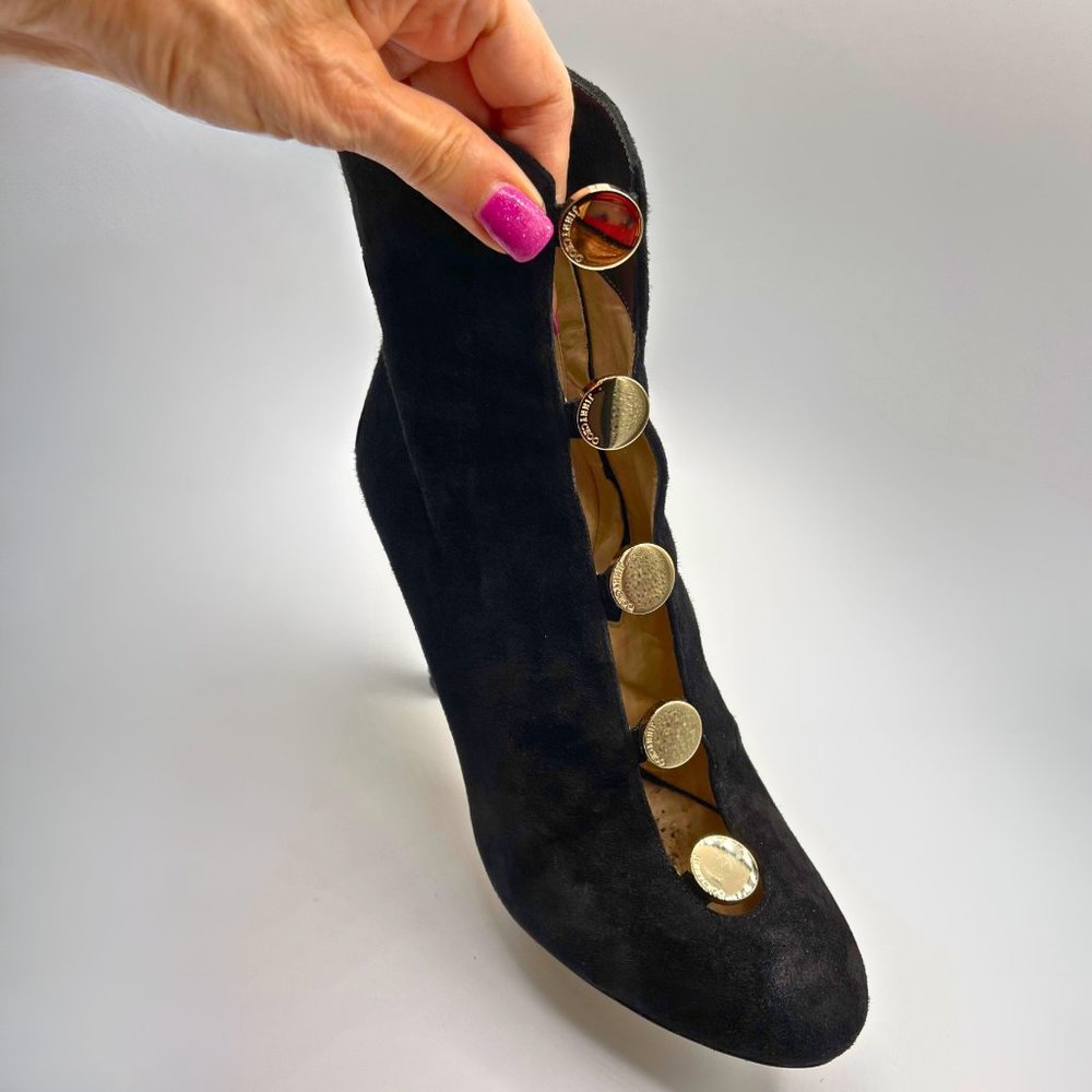 JIMMY CHOO LORETTA BLACK SUEDE ANKLE BOOT, CUT-OUT FRONT & GOLD-TONED BUTTONS